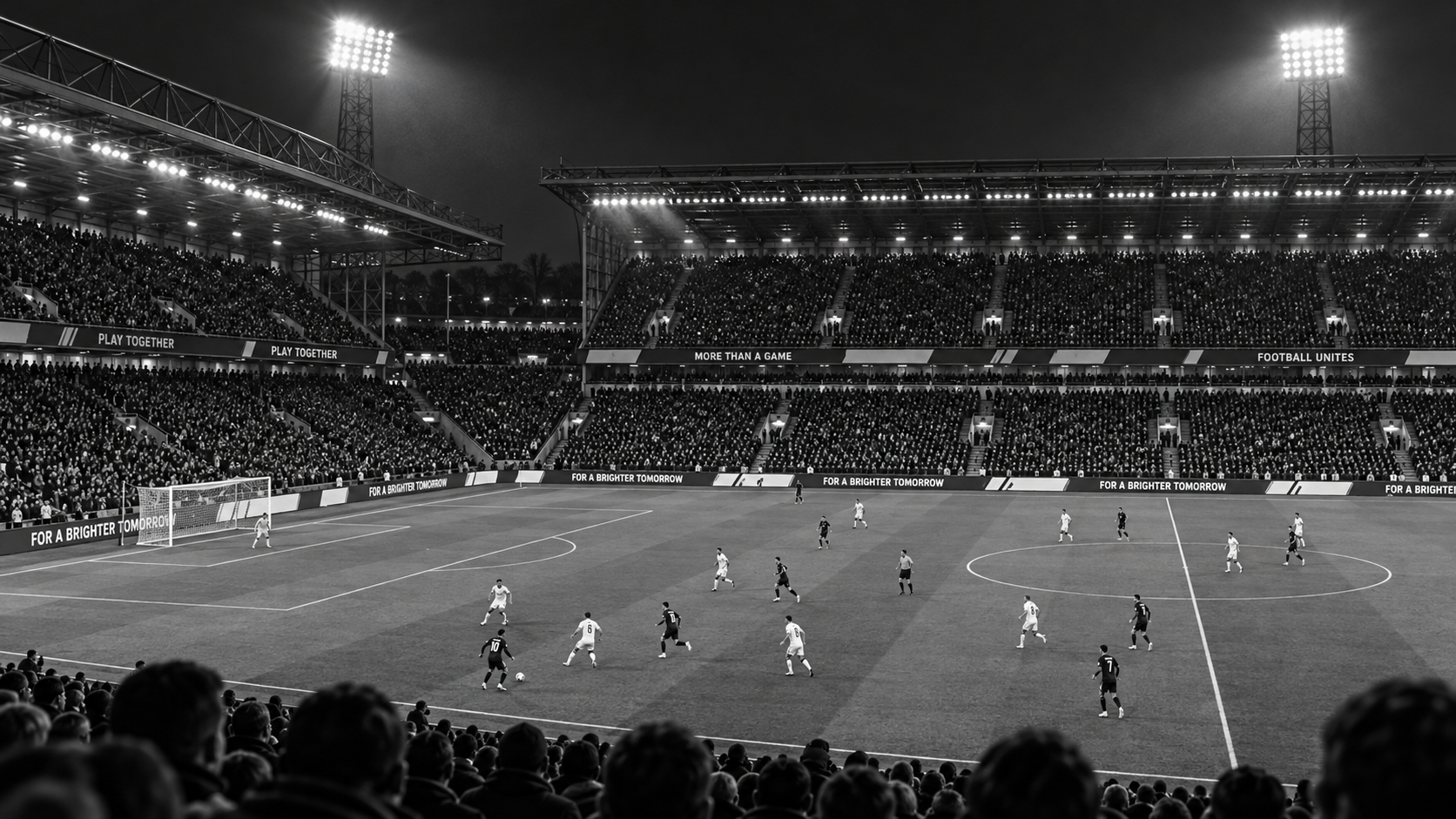 Football players under floodlights in a black-and-white arena with packed stands