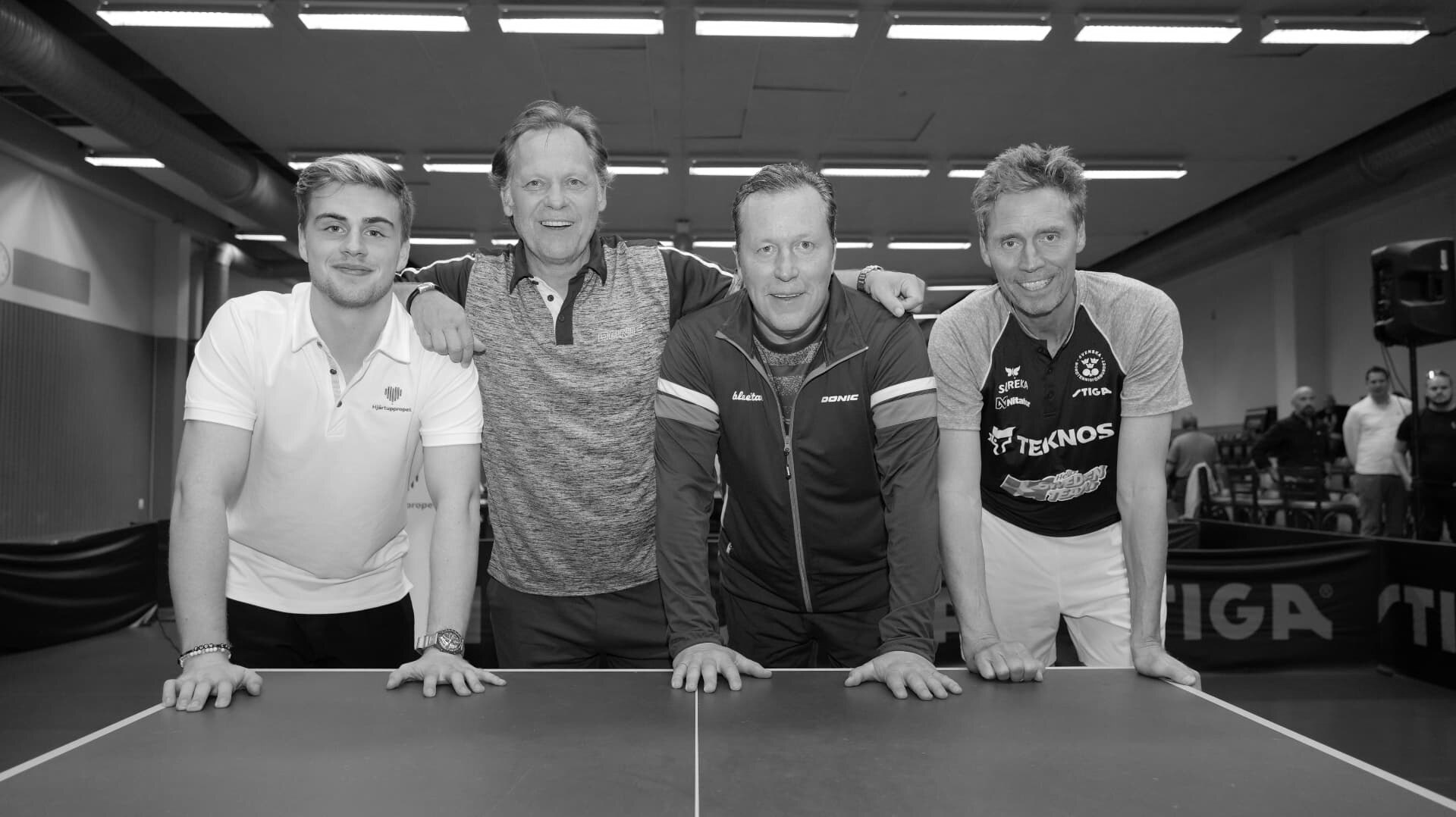 J-O Waldner, Mikael Appelgren and Jörgen Persson together with Truls Möregårdh during the World Champions' Dinner ahead of the Team EuroChamps in Malmö