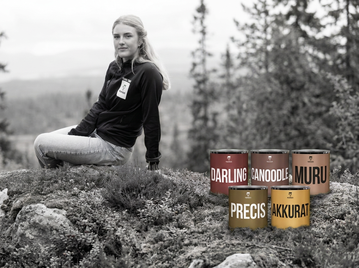 Frida Westman in a Team Teknos jacket on a rock in a black-and-white forest with five Teknos paint cans in colour