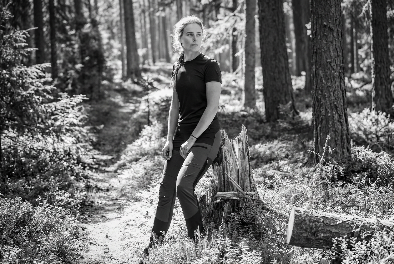 Elvira Öberg in the forest – black and white cover image for Team Teknos